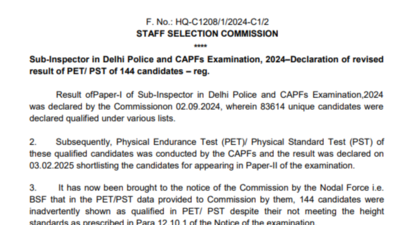 SSC releases revised PET/PST results for 144 candidates in sub-inspector Delhi police & CAPFs exam 2024 – The Times of India