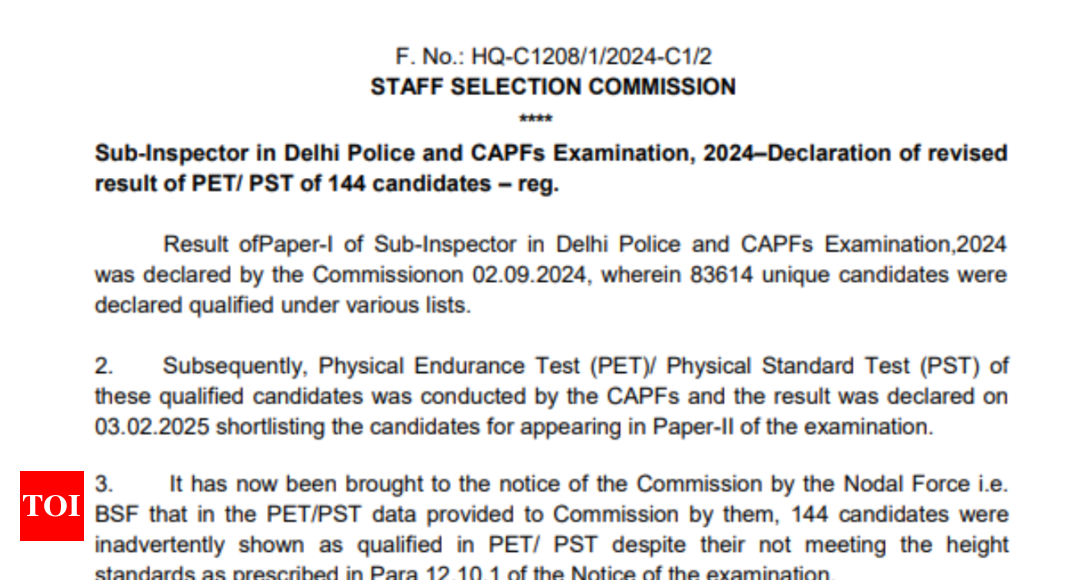 SSC releases revised PET/PST results for 144 candidates in sub-inspector Delhi police & CAPFs exam 2024