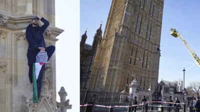 Emergency services respond after a man with a Palestinian flag climbs up Big Ben tower