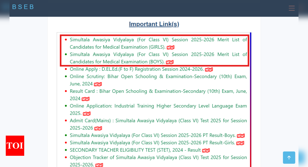 BSEB Simultala Awasiya Vidyalaya result 2025 out for class 6: Direct link to check merit list here