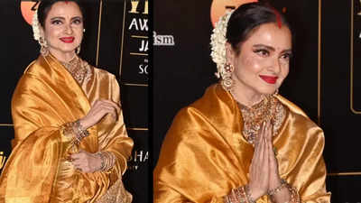 Rekha’s timeless grace in her golden Kanjeevaram saree continues to charm her fans