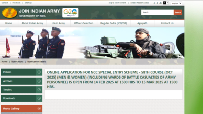 Indian Army NCC Special Entry Scheme 2025 registration to end on March 15: Check direct link, important details here – The Times of India