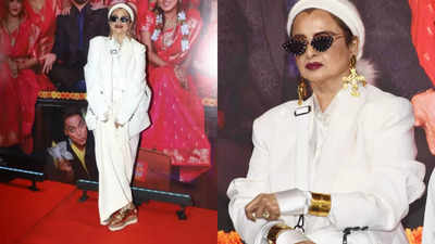 Rekha redefines power dressing in a stunning white pantsuit at trailer launch