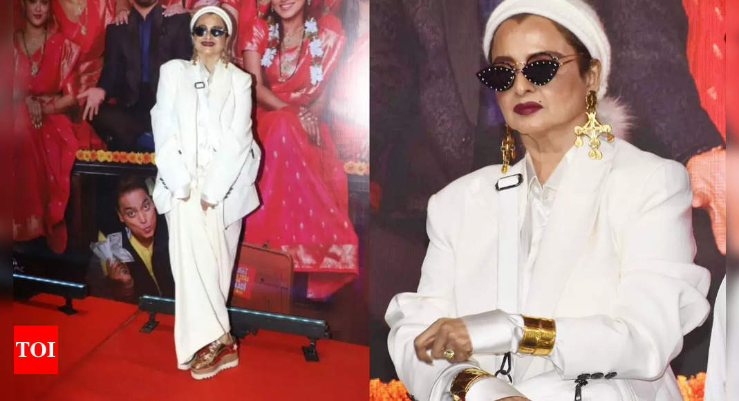 Rekha redefines power dressing in a stunning white pantsuit at trailer launch