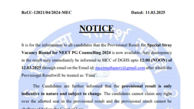 NEET PG Counselling 2024 special stray vacancy round provisional result ...