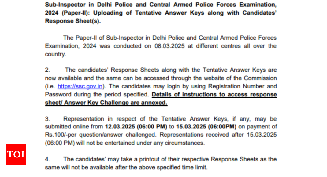 SSC SI Delhi Police, CAPF tentative answer key 2024 for paper 2 out: Check direct link here