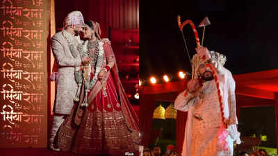 The beautiful bride chose Sabyasachi Lehenga for Siya-Ram themed Wedding; The groom shot an arrow to win her