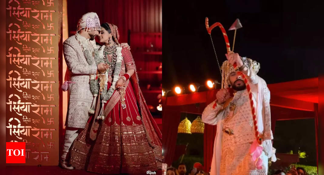 Beautiful bride picks Sabyasachi lehenga for Siya-Ram themed wedding; groom shoots an arrow to win her