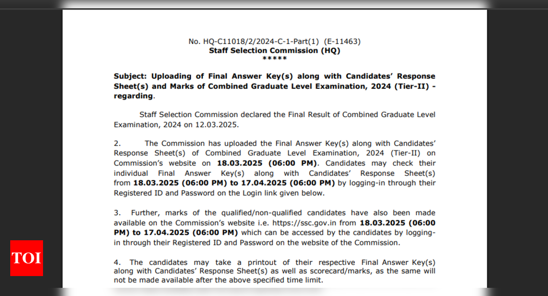 SSC CGL final answer key 2025 and candidate response sheet released: Direct link to download here