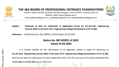 JKCET 2025 registration deadline extended till March 24: Check the official notice here – The Times of India