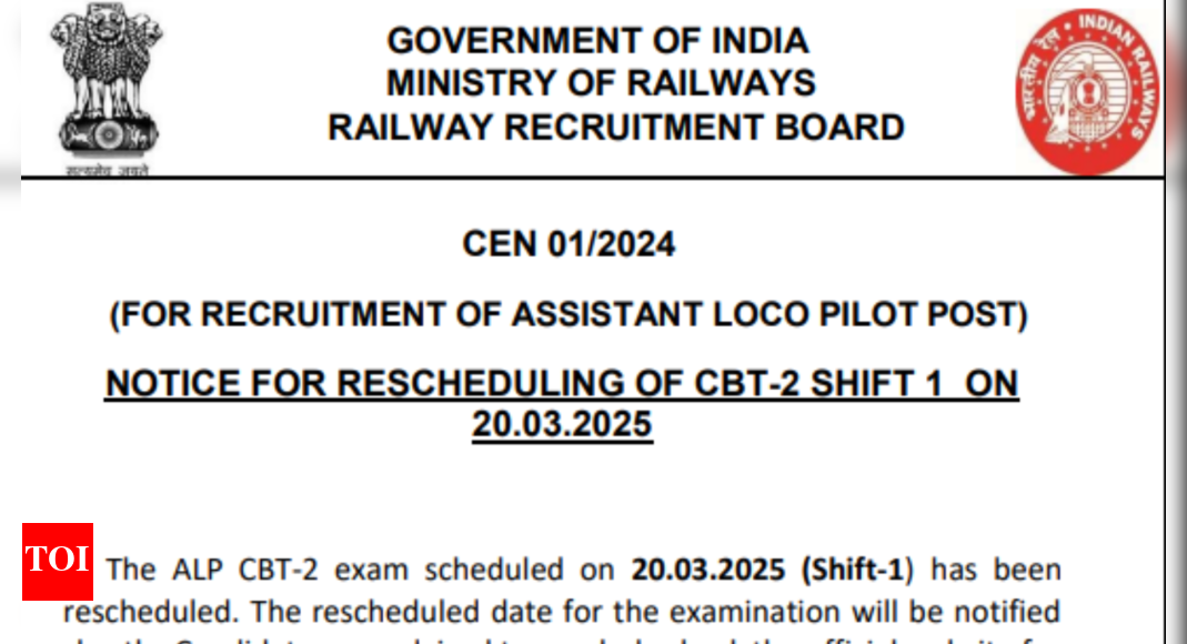 RRB ALP 2025 March 20 Shift 1 exam rescheduled, check official notice here