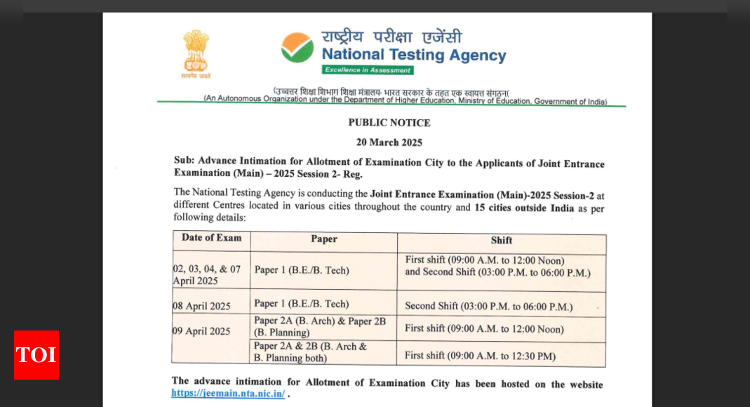 JEE Mains 2025 session 2 city intimation slip released: Check direct link to download and other key details here