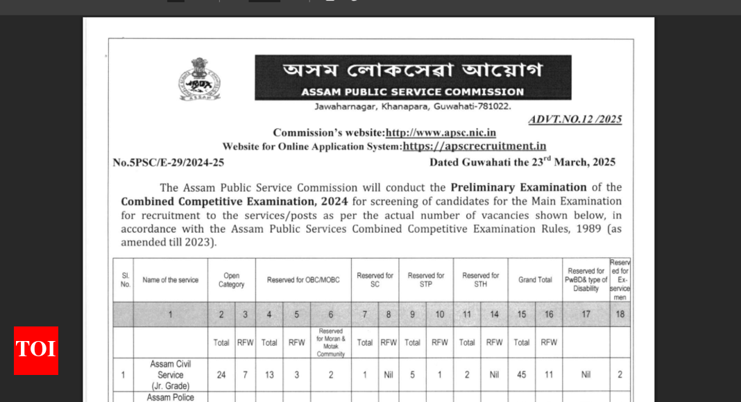 APSC prelims notification 2025 released: Check key details here
