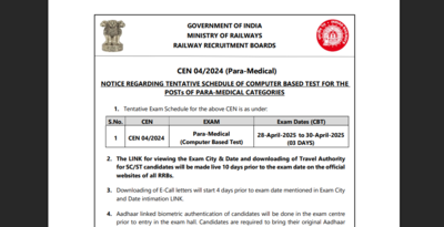 RRB Paramedical exam 2025 tentative exam schedule released: Check important dates here – The Times of India