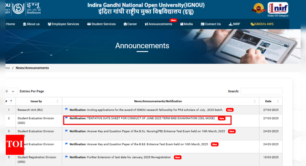 IGNOU June TEE 2025 tentative date sheet released: Check details here
