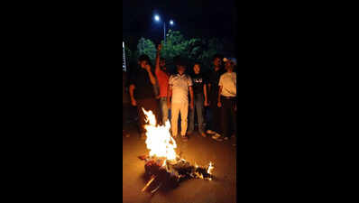 Students burn effigy at University of Hyderabad on land issue