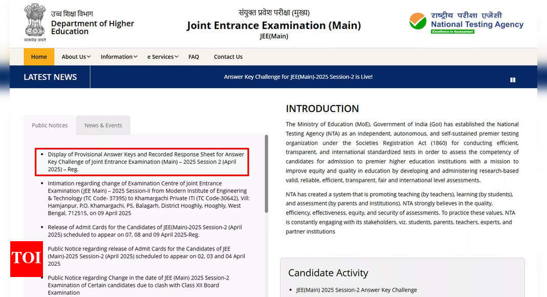 JEE Main 2025 Session 2 answer key released, challenges accepted till April 13