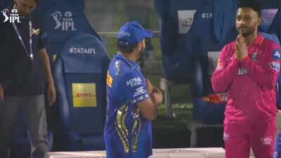 Rohit Sharma (L) with Akash Madhwal (R) after the match between Rajasthan Royals and Mumbai Indians in IPL 2025. (Image: Screenshot) Watch: Akash Madhwal folds hands after seeing Rohit Sharma; ex MI skipper points at wife Ritika