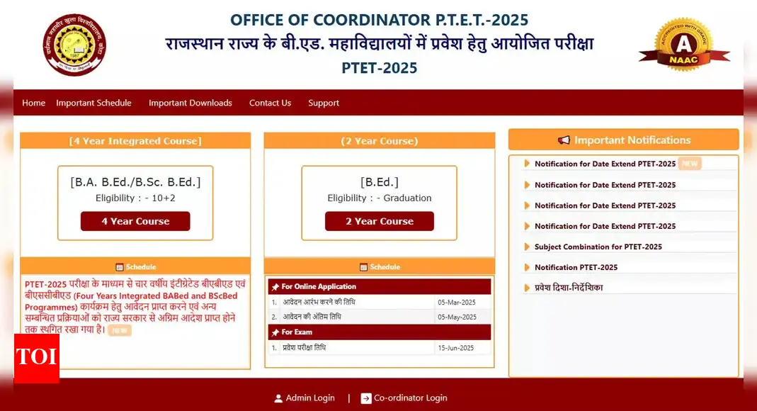 Rajasthan PTET 2025: Registration deadline extended again to May 5, exam on June 15 – The Times of India