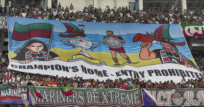 Kolkata: Mohun Bagan Super Giants supporters hang tifo during an Indian Super League (ISL) 2024-25 final football match between Mohun Bagan Super Giant and Bengaluru FC, at Vivekananda Yuba Bharati Krirangan, in Kolkata, West Bengal. (PTI Photo/Swapan Mahapatra) Before Paris FC vs PSG was Kolkata with the world's closest derby