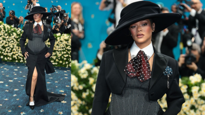 Rihanna shows off baby bump in bold blazer-skirt look at the 2025 Met Gala; Pop sensation is set to welcome third child with A$AP Rocky