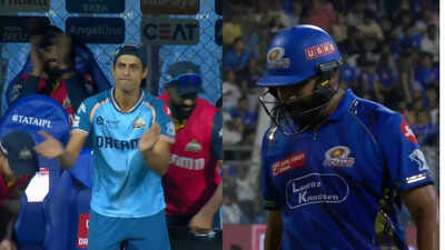 Ashish Nehra celebrates the wicket of Rohit Sharma. (Screengrabs) Watch: Ashish Nehra wildly celebrates Rohit Sharma's dismissal in MI vs GT