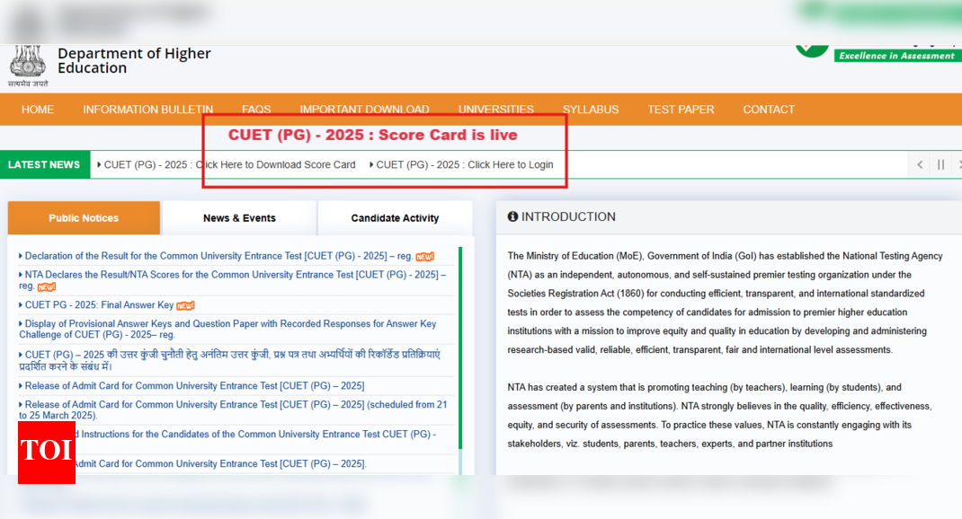 CUET PG result 2025 declared: Direct link to download scorecards – The Times of India