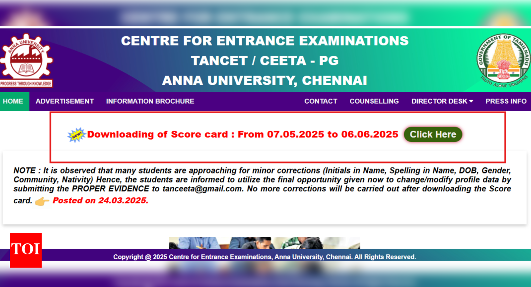 TANCET, CEETA PG scorecard 2025 released at tancet.annauniv.edu: Check direct link to download here