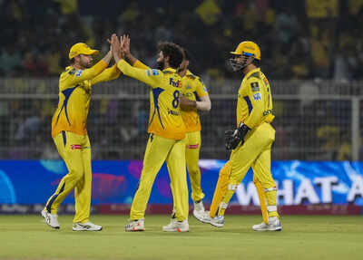 Kolkata: Chennai Super Kings' Ravindra Jadeja celebrates with teammates after taking the wicket of Kolkata Knight Riders captain Ajinkya Rahane during an Indian Premier League (IPL) 2025 T20 cricket match between Kolkata Knight Riders and Chennai Super Kings, at the Eden Gardens, in Kolkata, West Bengal. (PTI Photo/Swapan Mahapatra) Ravindra Jadeja surpasses KKR's mentor, becomes CSK's leading wicket-taker in IPL