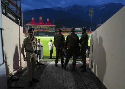 Dharamsala: Security personnel stand guard amid a practice session (PTI Photo) Operation Sindoor Impact: Punjab Kings vs Mumbai Indians shifted from Dharamsala to Ahmedabad