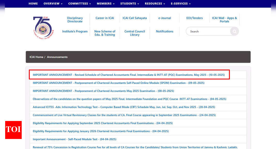 ICAI reschedules CA Inter, Final, and INTT–AT exams for May 2025; check official notice here