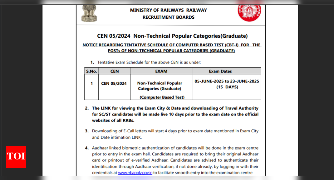 RRB NTPC Exam 2025 dates released: Check official schedule here