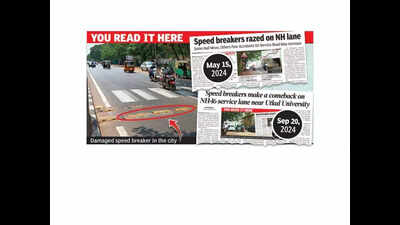 Damaged speed breakers on NH service lanes increase accident risks