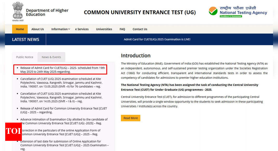 CUET UG 2025 admit cards out for exams from May 19 to 24; direct link ...