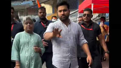 Rohit Sharma with his mother after the event at Wankhede. (Video grab) 'Protective son' Rohit Sharma steals hearts during emotional stand inauguration at Wankhede - Watch