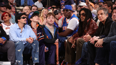 Dune-famed star Timothée Chalamet with Lenny Kravitz and Ben Stiller celebrate as the New York Knicks march into the Eastern Conference finals