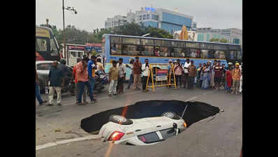 Narrow escape for family as car plunges into sudden sinkhole on OMR