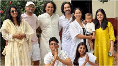 Vikrant Massey visits Sri Sri Ravi Shankar's Ashram with wife Sheetal Thakur and son Vardaan ahead of ‘White’ shoot