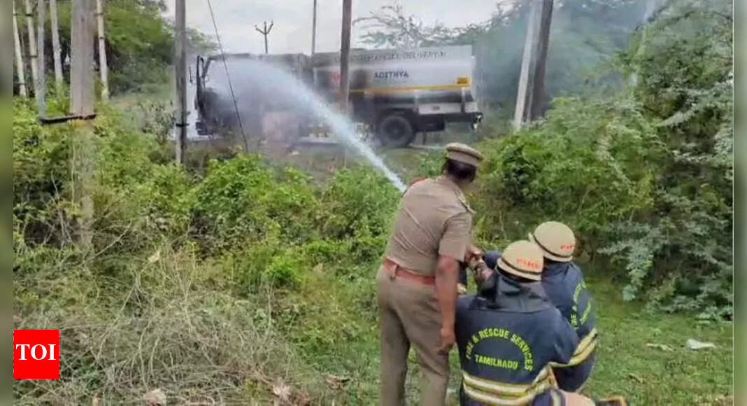 Diesel Truck Engulfed in Flames on Road Near Chennai