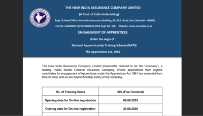 NIACL Apprentice 2025 registration window opens: Direct link to apply for more than 500 vacancies here – Times of India