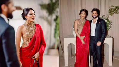 Sobhita Dhulipala's reddish  saree look   for Akhil Akkineni’s wedding reception steals the spotlight; netizens telephone  her and Naga Chaitanya 'hot together'