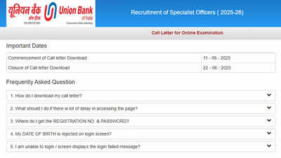 Union Bank SO admit card 2025 released at unionbankofindia.co.in for June 22 exam; download here – Times of India