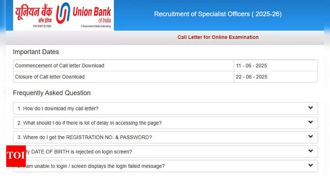 Union Bank SO admit card 2025 released at unionbankofindia.co.in for June 22 exam; download here 