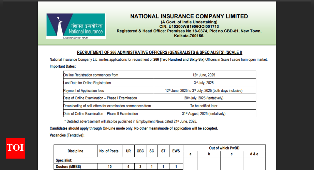 NICL AO registration window 2025 opens: Direct link to apply here – Times of India