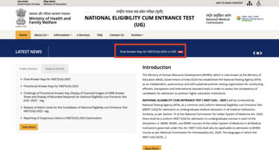 NEET UG final answer key 2025 released at neet.nta.nic.in: Check direct link to download PDF here – Times of India