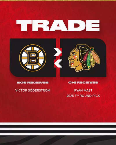  The Chicago Blackhawks send Victor Söderström to Boston Bruins for Ryan Mast and a draft pick