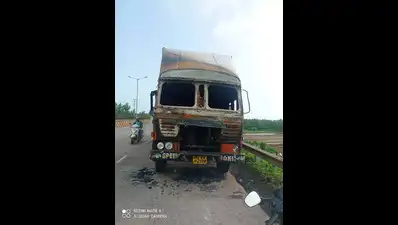 Lorry with illegal booze up in flames on NH 66