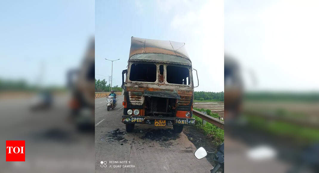 Lorry with illegal booze up in flames on NH 66