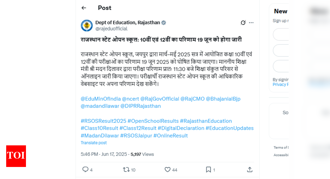 Rajasthan RSOS Class 10th and 12th result to release tomorrow: Check where and steps to download scorecards here – Times of India