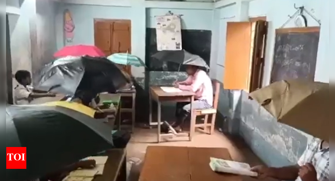 Video shows Bengal school children using umbrellas in class under leaking roof